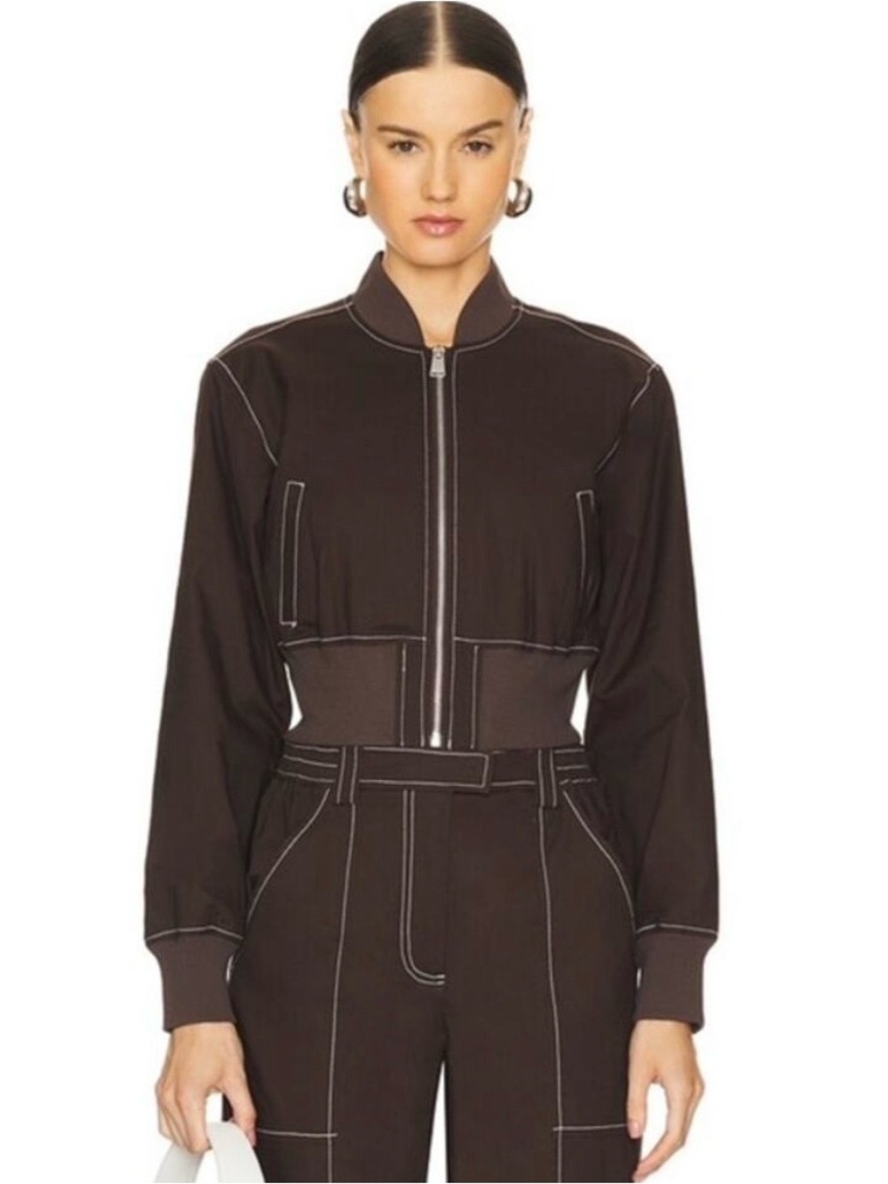 NEW Jonathan Simkhai Lorenzo Anise Brown Cropped Bomber Jacket, Size XS